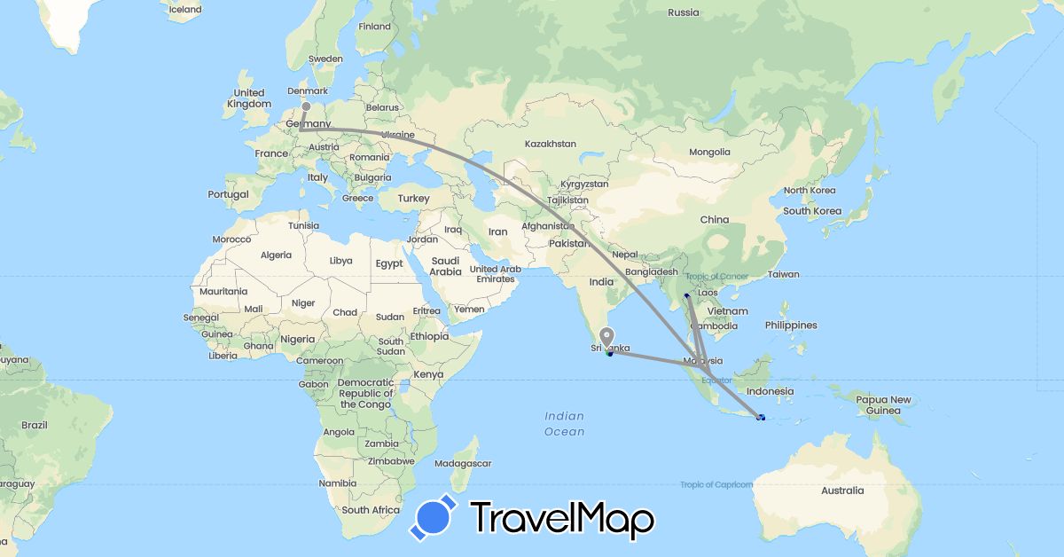 TravelMap itinerary: driving, bus, plane, boat, electric vehicle in Germany, Indonesia, Sri Lanka, Malaysia, Singapore, Thailand (Asia, Europe)